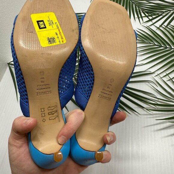 Schutz Blue Mesh Sinara Knit Heel Sandals 7B Square Toe Slip-On Summer Shoes - Picture 10 of 11